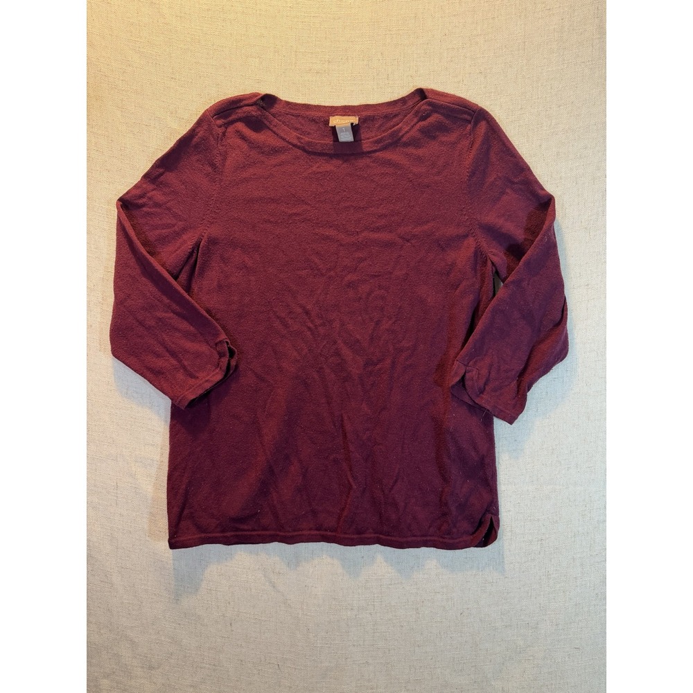 Chicos Womens Size 1 Burgundy Plum Crew Neck 3/4 Sleeve Knit Sweater Top